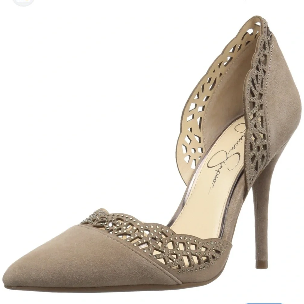 Jessica Simpson‎ Teriann tan suede slip on heels pump embellished cut out trim 7